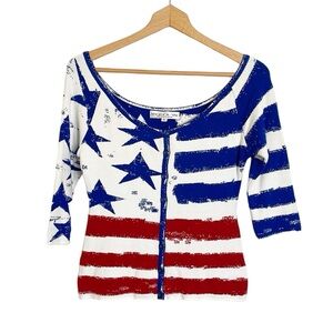 Angelica-Val Patriotic American Flag Knit Scoop Neck Cardigan Sweater size L